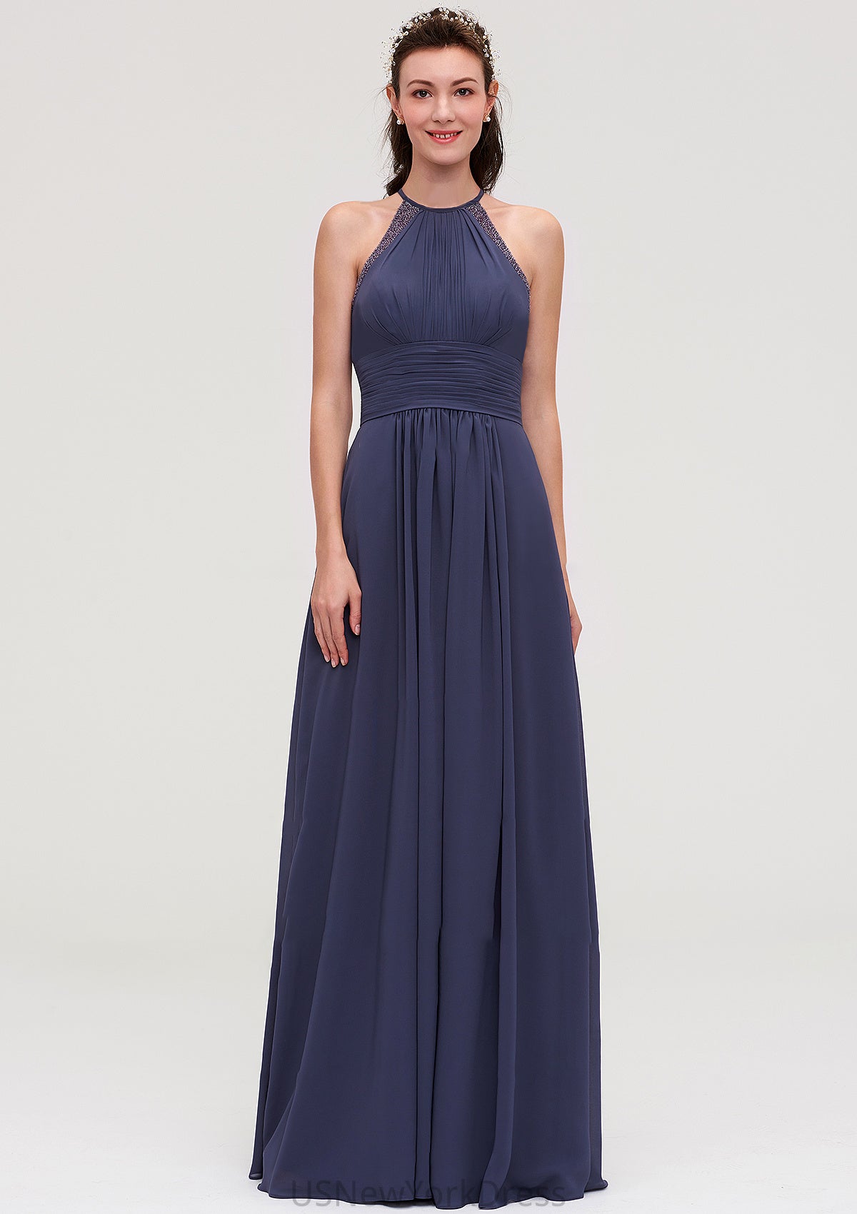 Scoop Neck Sleeveless A-line/Princess Chiffon Long/Floor-Length Bridesmaid Dresseses With Pleated Appliqued Aniya DJP0025439