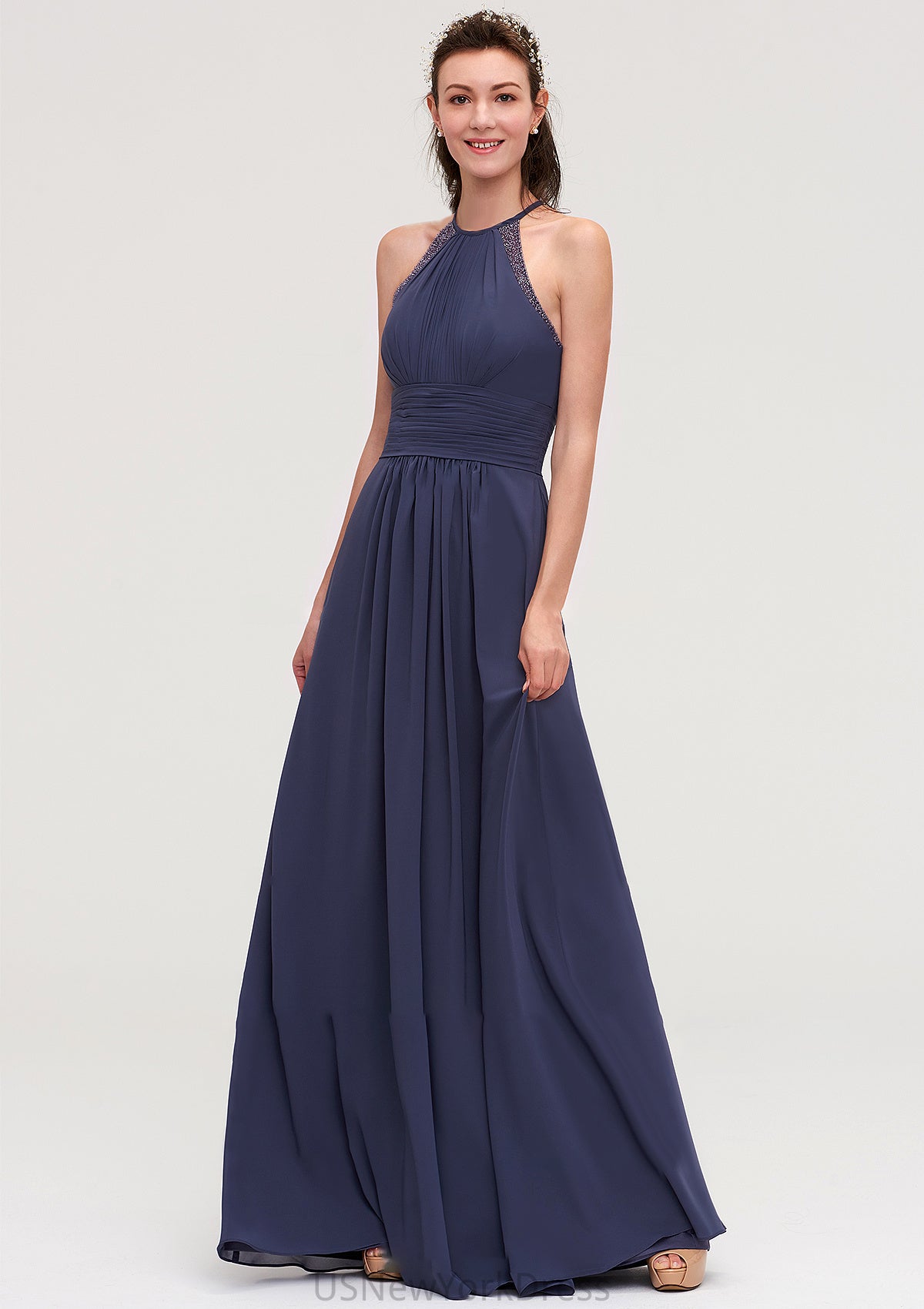 Scoop Neck Sleeveless A-line/Princess Chiffon Long/Floor-Length Bridesmaid Dresseses With Pleated Appliqued Aniya DJP0025439