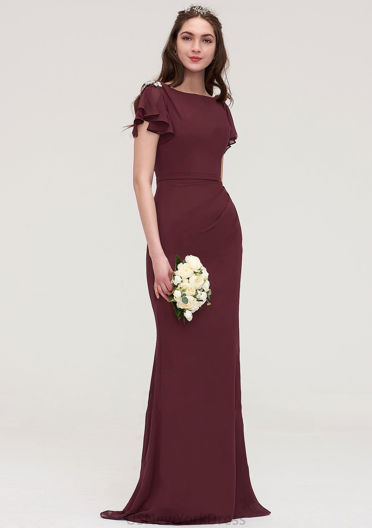 Short Sleeve Bateau Long/Floor-Length Sheath/Column Chiffon Bridesmaid Dresses With Crystal Detailing Sashes Jordyn DJP0025440