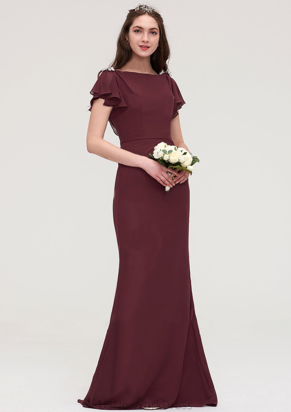 Short Sleeve Bateau Long/Floor-Length Sheath/Column Chiffon Bridesmaid Dresses With Crystal Detailing Sashes Jordyn DJP0025440