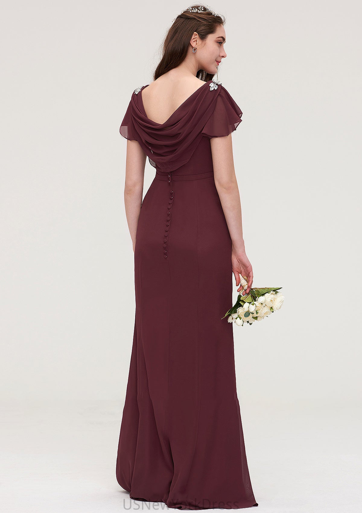 Short Sleeve Bateau Long/Floor-Length Sheath/Column Chiffon Bridesmaid Dresses With Crystal Detailing Sashes Jordyn DJP0025440