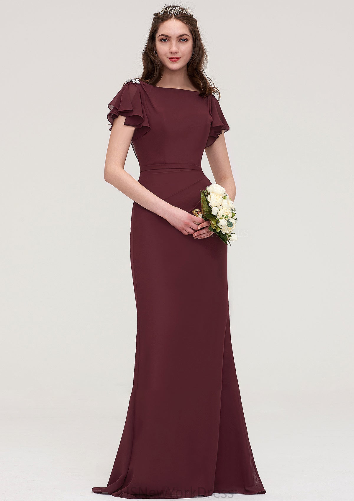 Short Sleeve Bateau Long/Floor-Length Sheath/Column Chiffon Bridesmaid Dresses With Crystal Detailing Sashes Jordyn DJP0025440