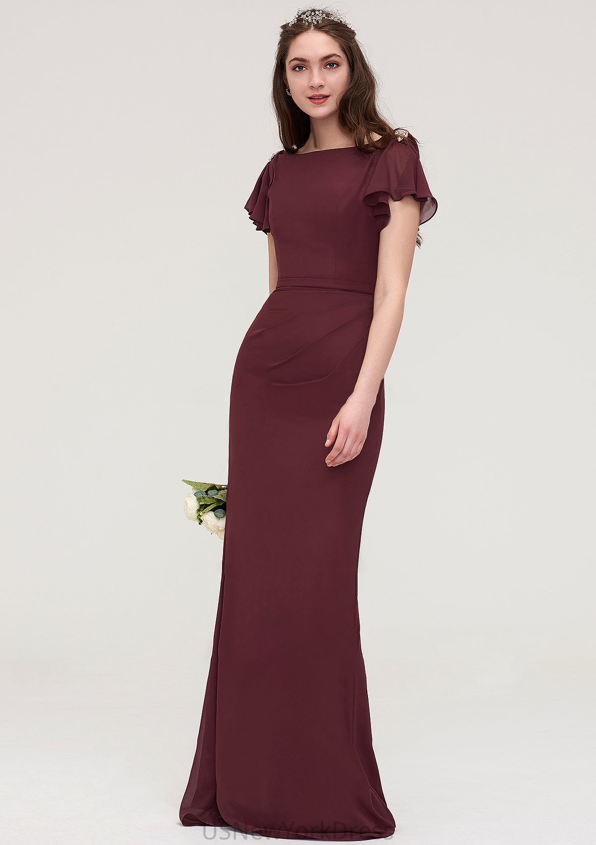 Short Sleeve Bateau Long/Floor-Length Sheath/Column Chiffon Bridesmaid Dresses With Crystal Detailing Sashes Jordyn DJP0025440