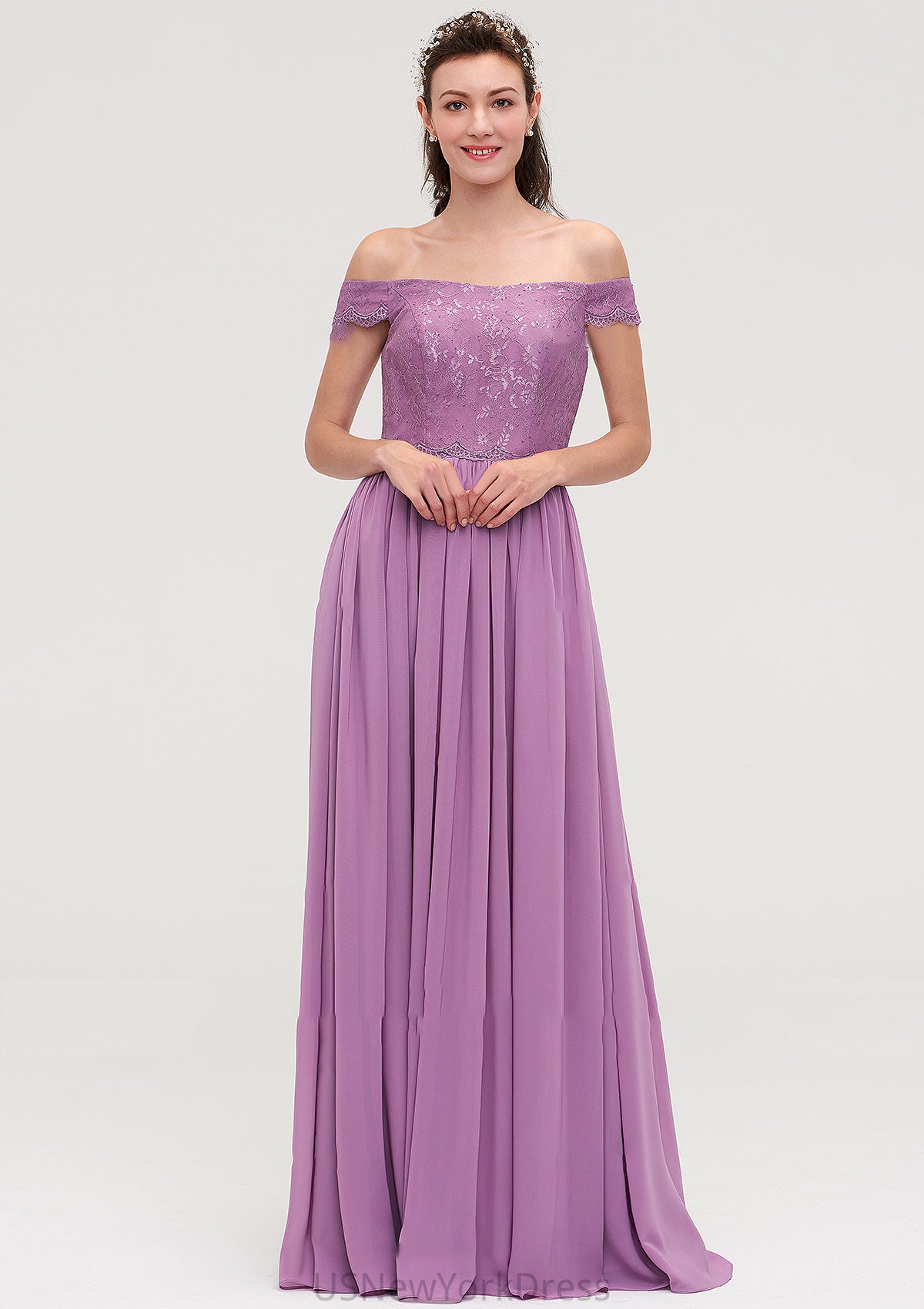 Sleeveless Off-the-Shoulder Long/Floor-Length Chiffon A-line/Princess Bridesmaid Dresseses With Appliqued Mimi DJP0025442