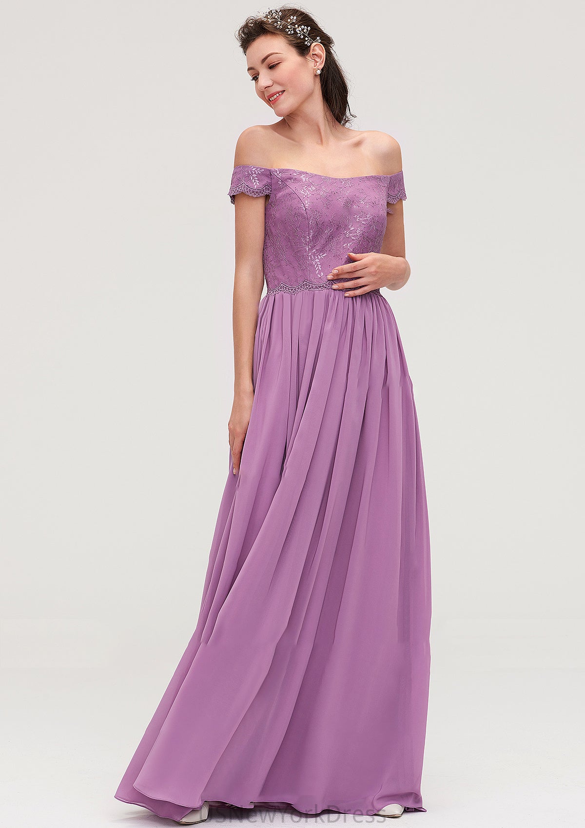 Sleeveless Off-the-Shoulder Long/Floor-Length Chiffon A-line/Princess Bridesmaid Dresseses With Appliqued Mimi DJP0025442