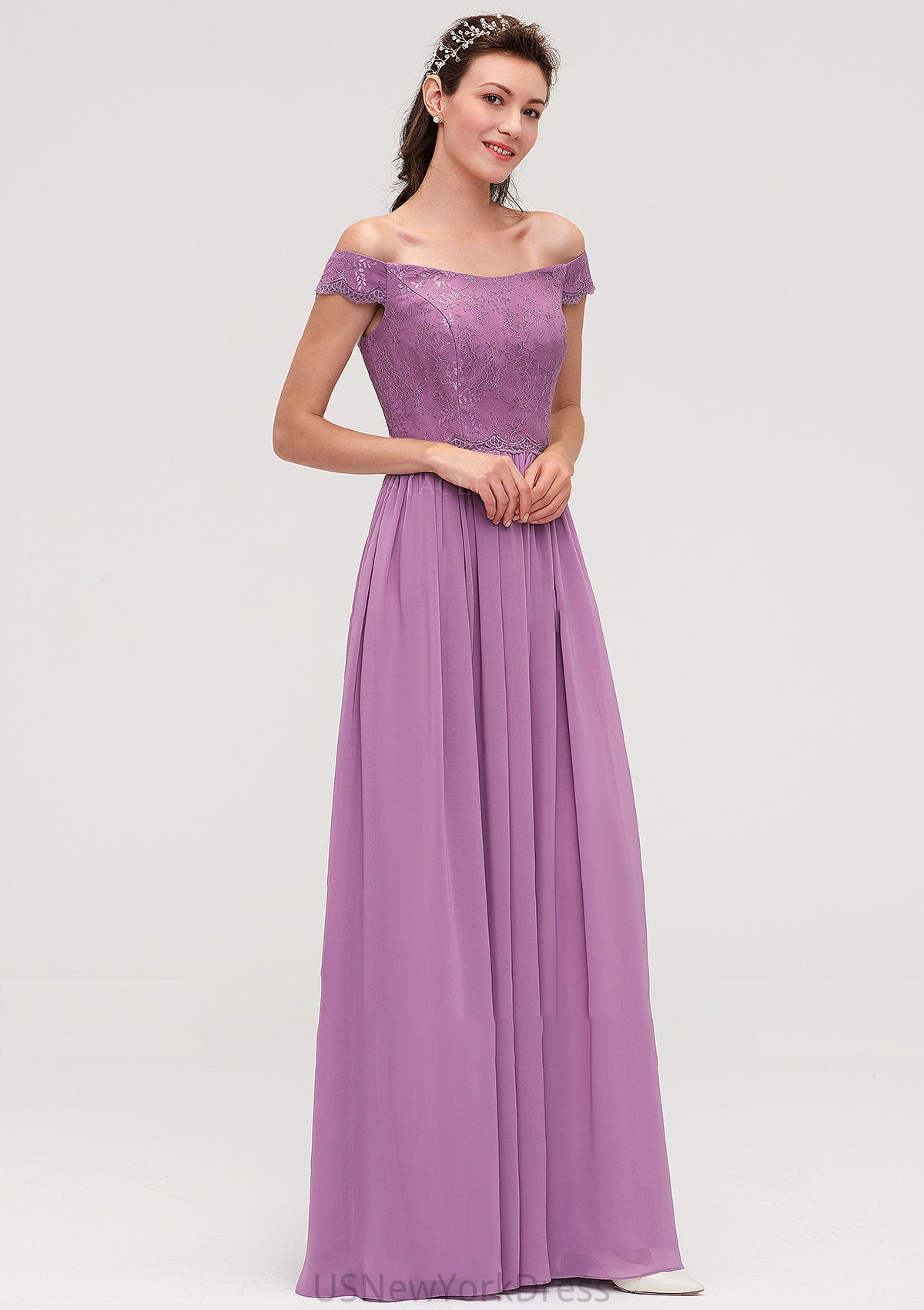 Sleeveless Off-the-Shoulder Long/Floor-Length Chiffon A-line/Princess Bridesmaid Dresseses With Appliqued Mimi DJP0025442