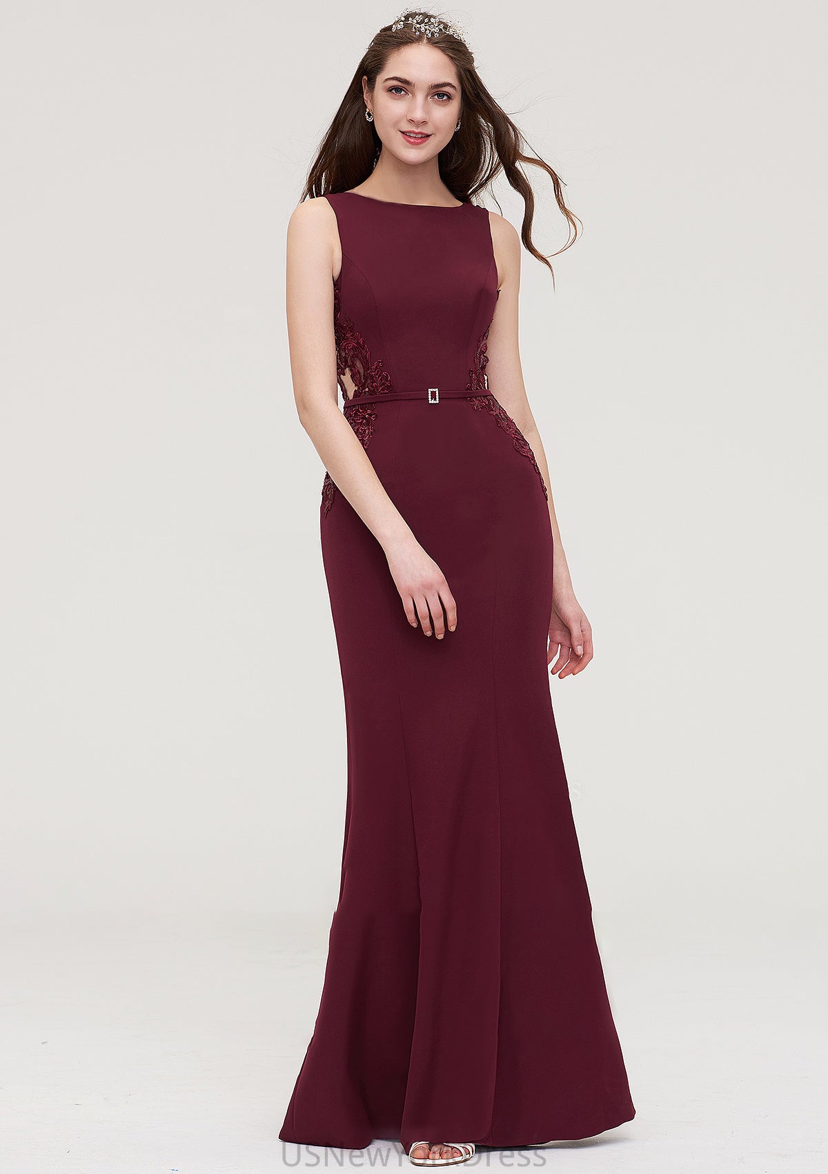 Bateau Sleeveless Sheath/Column Long/Floor-Length Elastic Satin Bridesmaid Dresses With Waistband Lace Sequins Lena DJP0025443