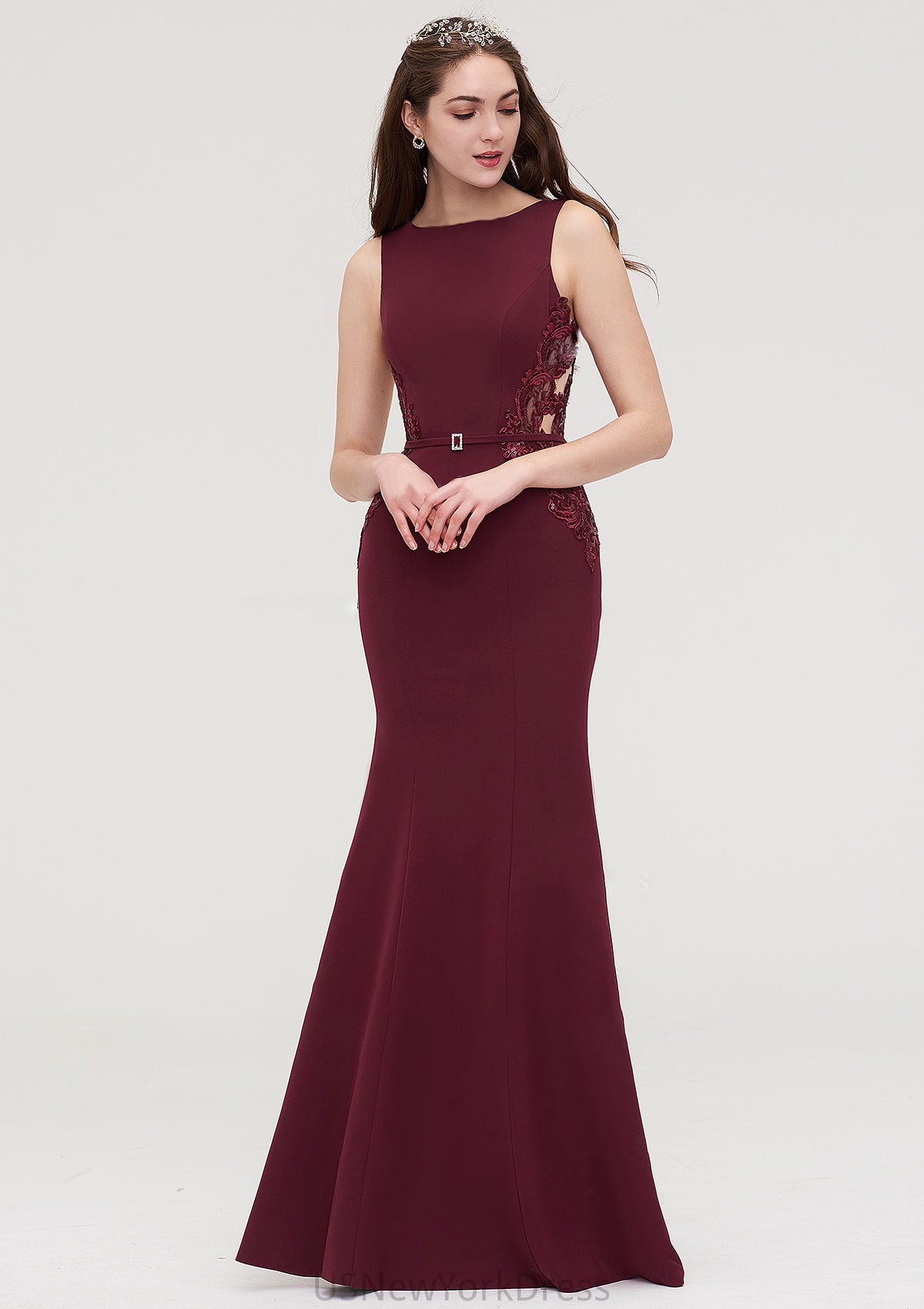 Bateau Sleeveless Sheath/Column Long/Floor-Length Elastic Satin Bridesmaid Dresses With Waistband Lace Sequins Lena DJP0025443