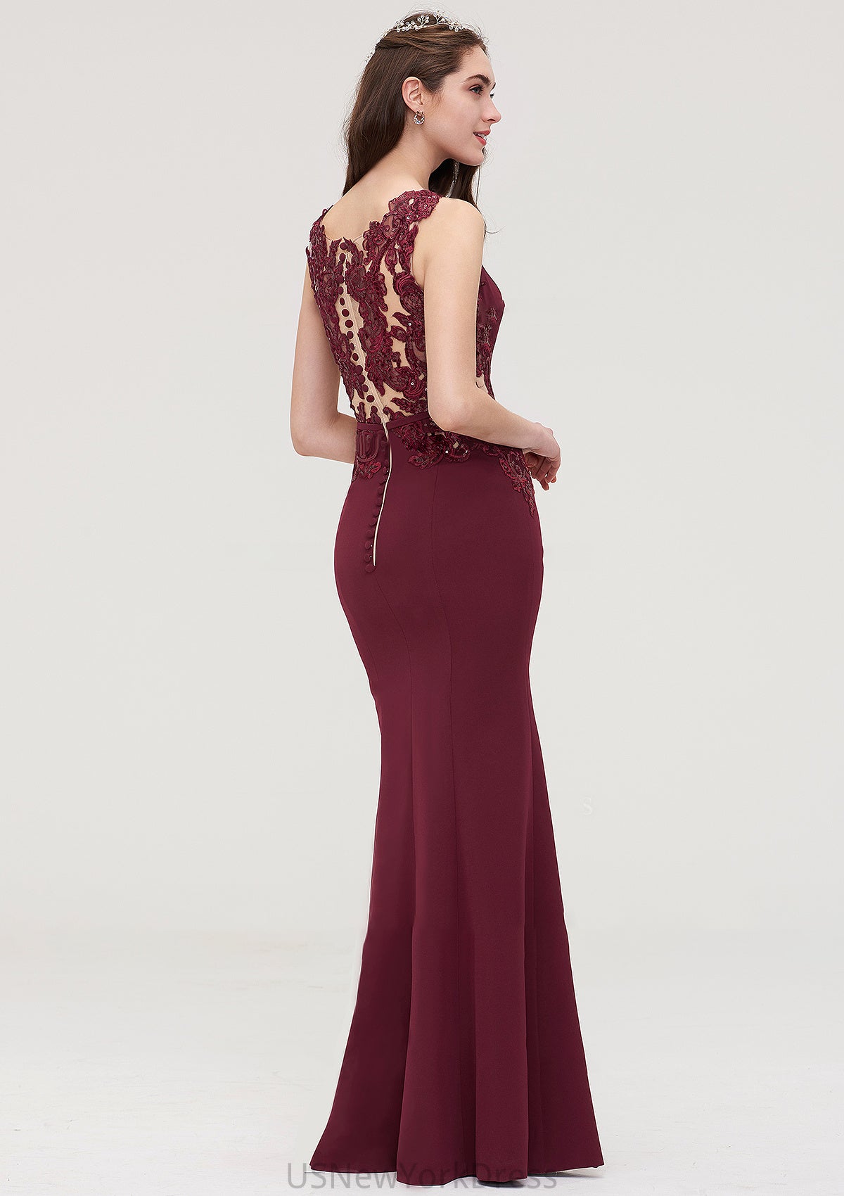 Bateau Sleeveless Sheath/Column Long/Floor-Length Elastic Satin Bridesmaid Dresses With Waistband Lace Sequins Lena DJP0025443