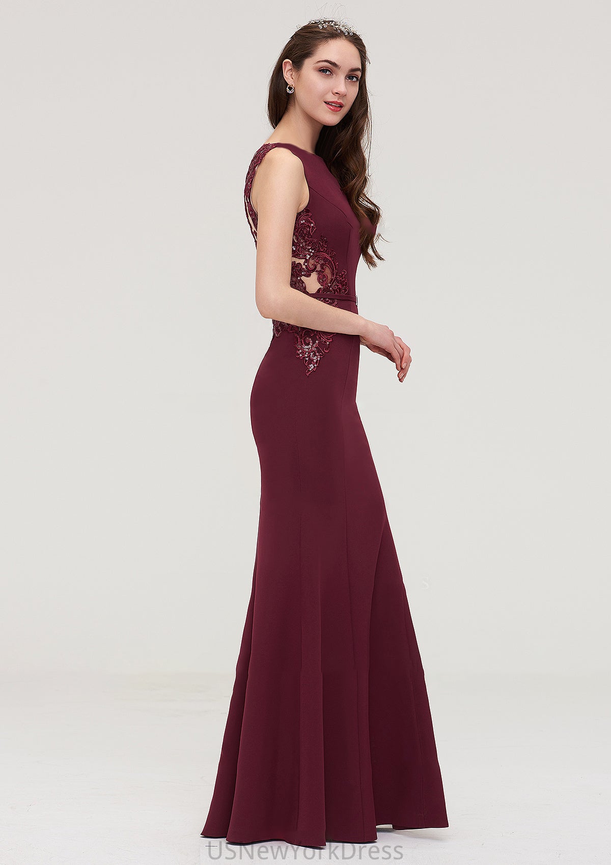 Bateau Sleeveless Sheath/Column Long/Floor-Length Elastic Satin Bridesmaid Dresses With Waistband Lace Sequins Lena DJP0025443