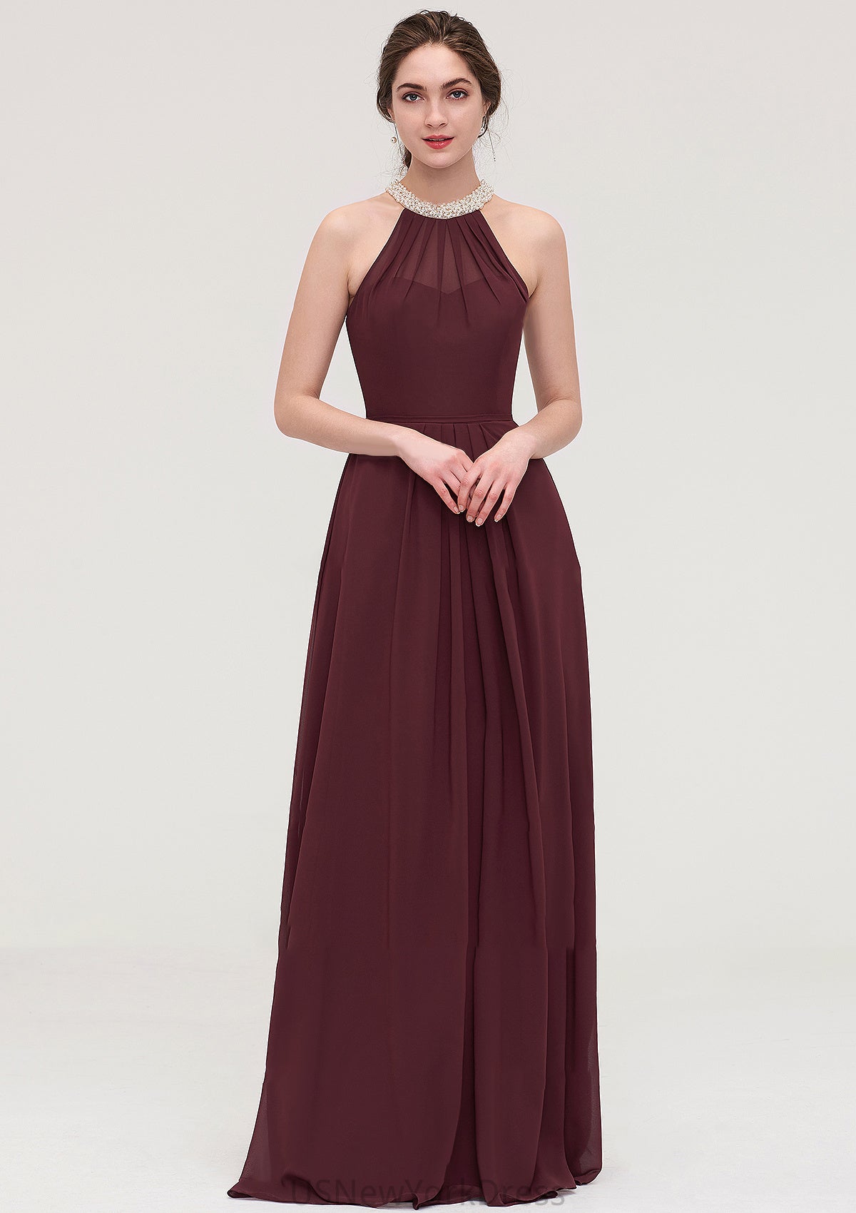 Sleeveless Halter Long/Floor-Length Chiffon A-line/Princess Bridesmaid Dresses With Beading Pleated Jayleen DJP0025445