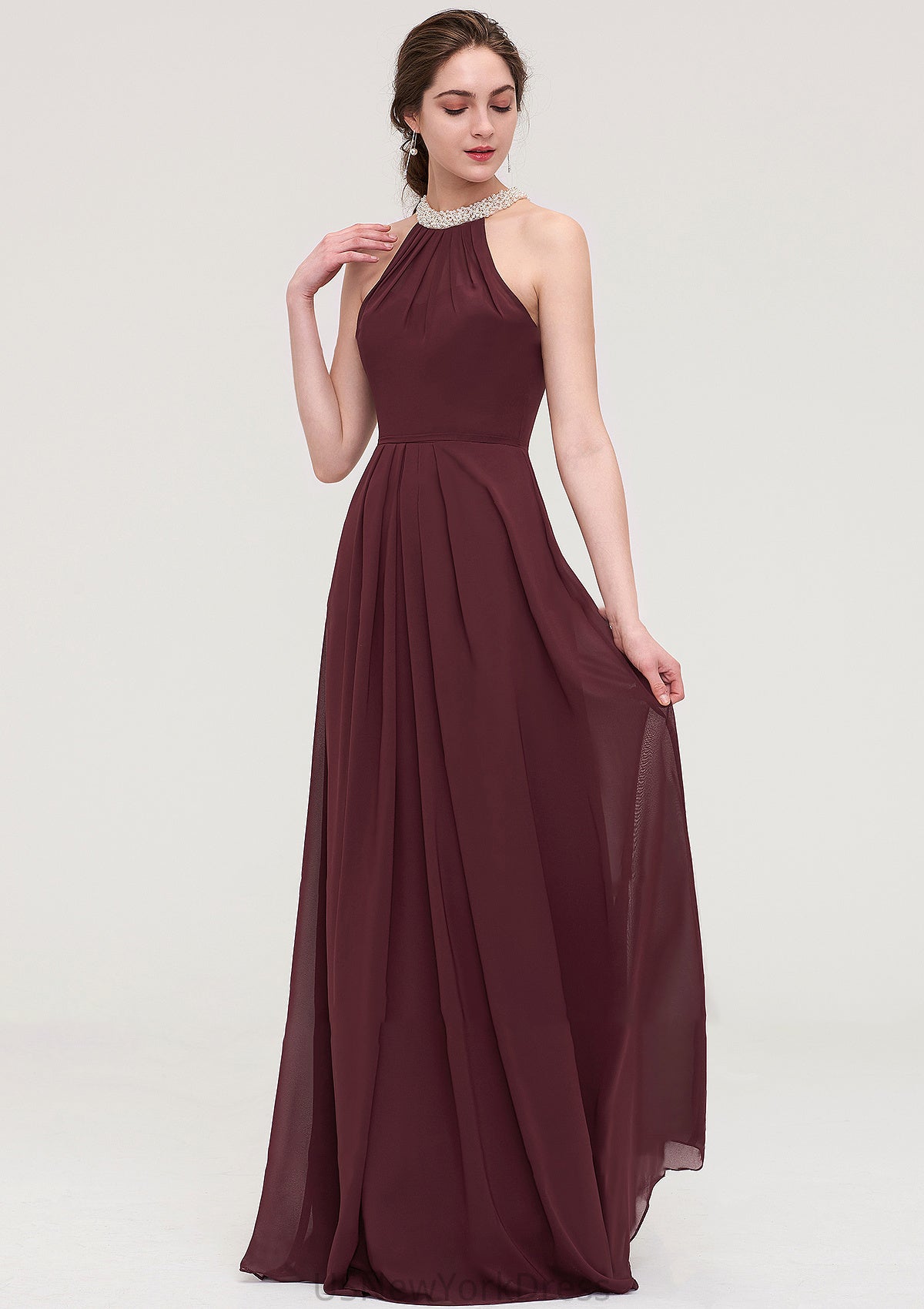 Sleeveless Halter Long/Floor-Length Chiffon A-line/Princess Bridesmaid Dresses With Beading Pleated Jayleen DJP0025445