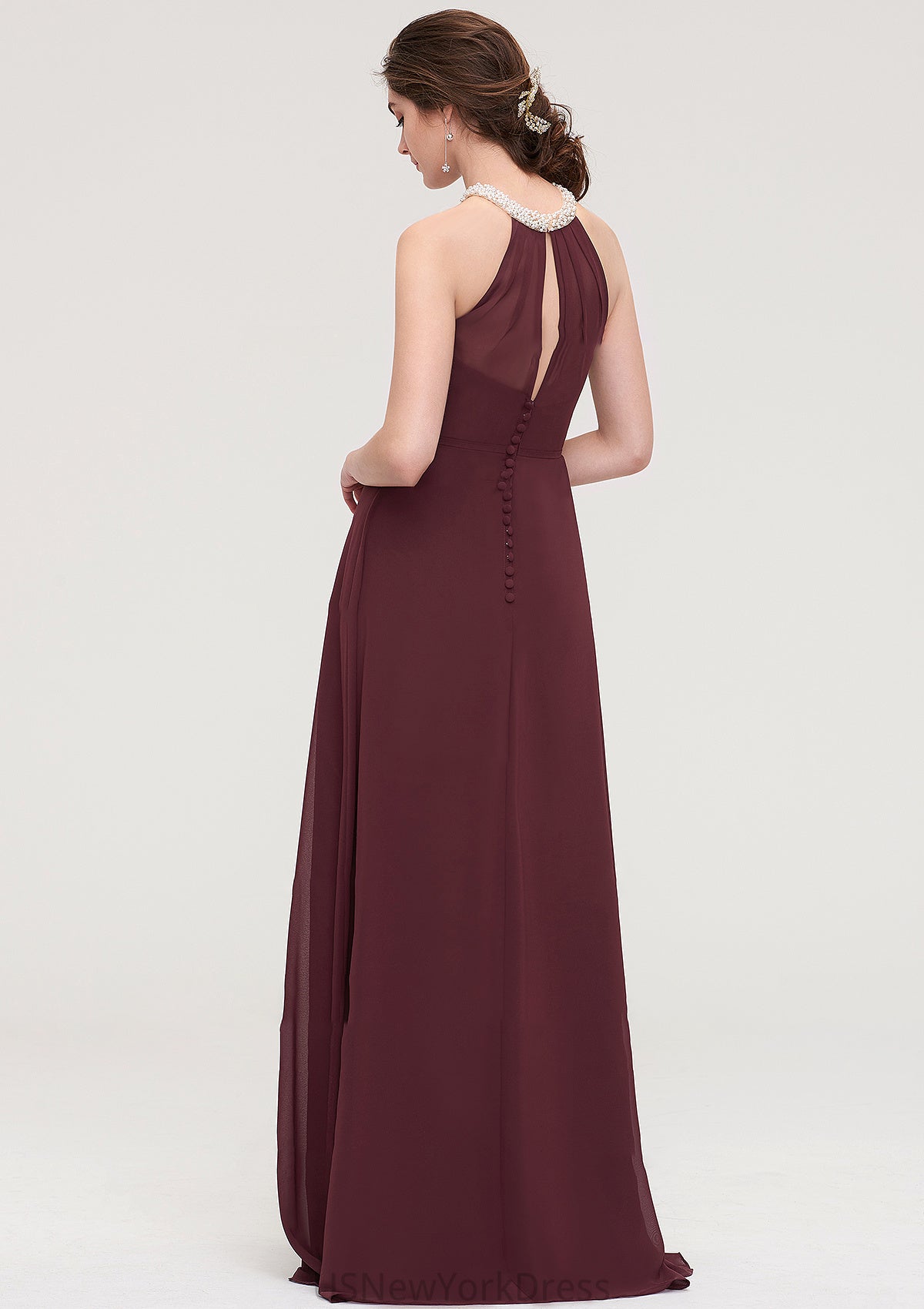 Sleeveless Halter Long/Floor-Length Chiffon A-line/Princess Bridesmaid Dresses With Beading Pleated Jayleen DJP0025445