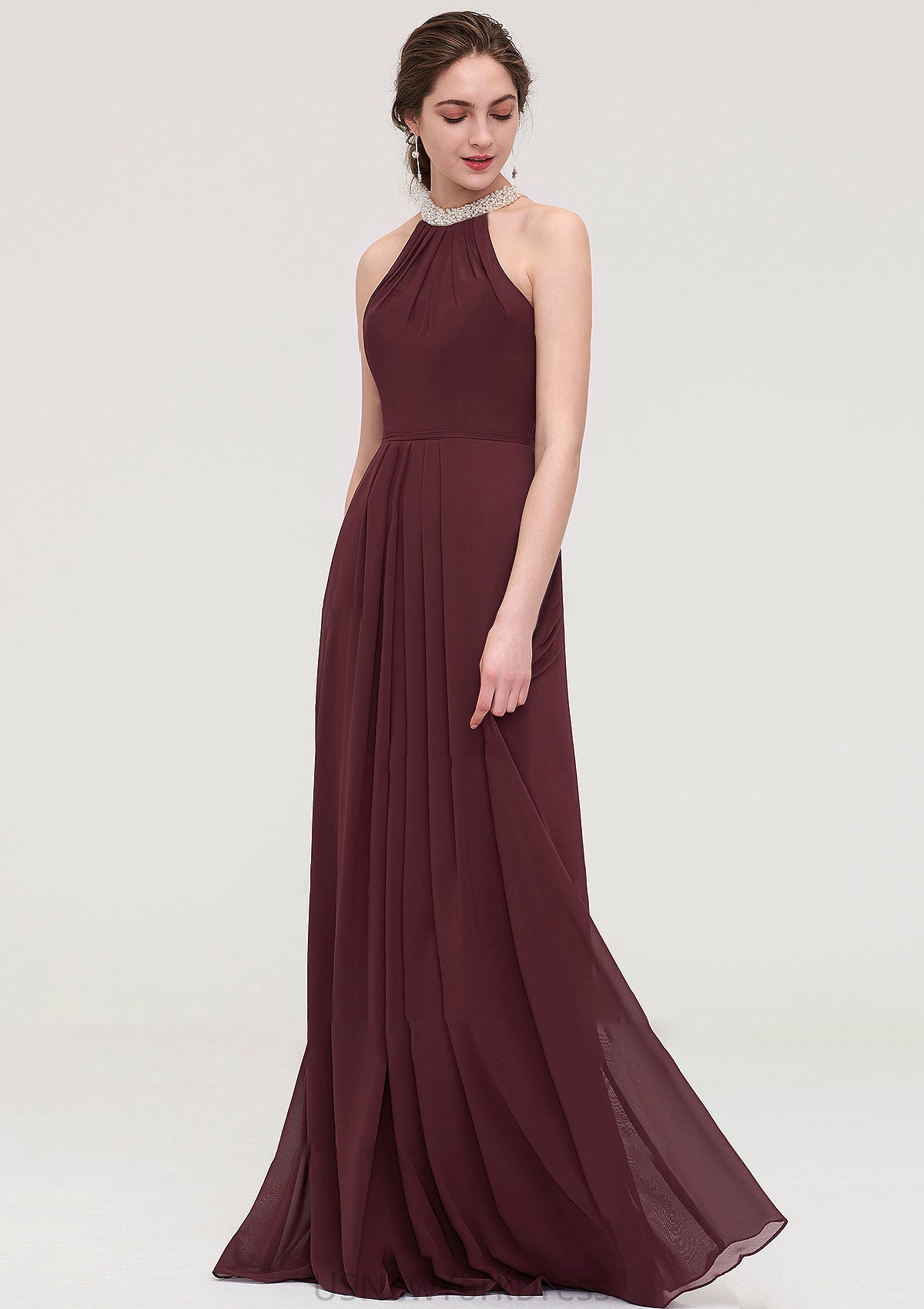 Sleeveless Halter Long/Floor-Length Chiffon A-line/Princess Bridesmaid Dresses With Beading Pleated Jayleen DJP0025445