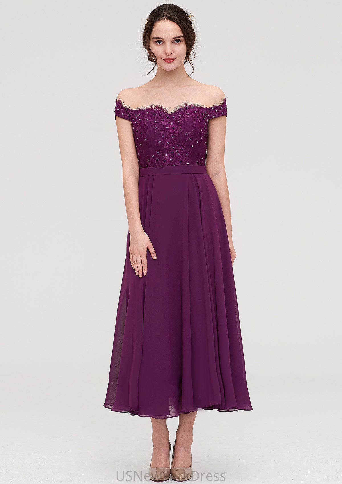 Off-the-Shoulder Sleeveless Tea-Length Chiffon A-line/Princess Bridesmaid Dresses With Lace Beading Caitlin DJP0025446