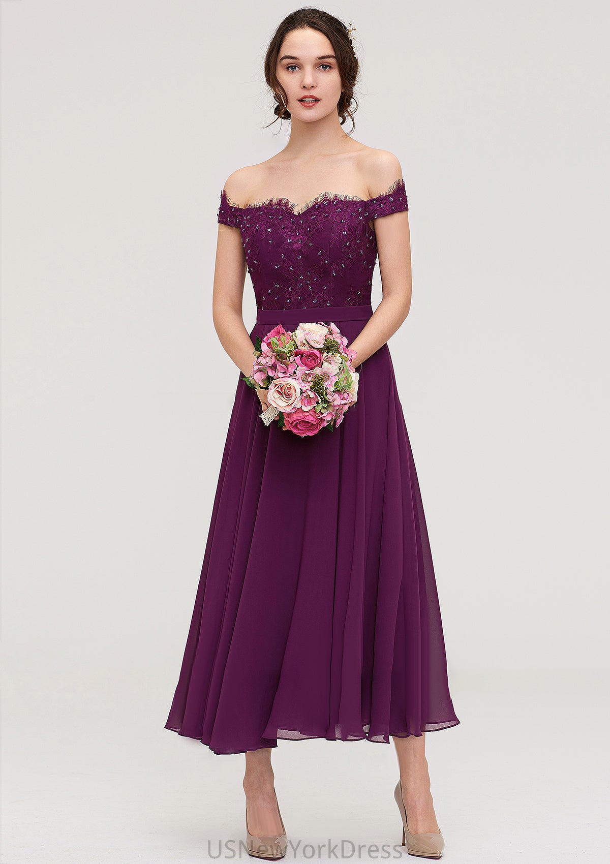 Off-the-Shoulder Sleeveless Tea-Length Chiffon A-line/Princess Bridesmaid Dresses With Lace Beading Caitlin DJP0025446