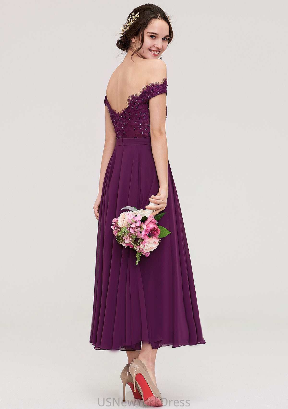 Off-the-Shoulder Sleeveless Tea-Length Chiffon A-line/Princess Bridesmaid Dresses With Lace Beading Caitlin DJP0025446