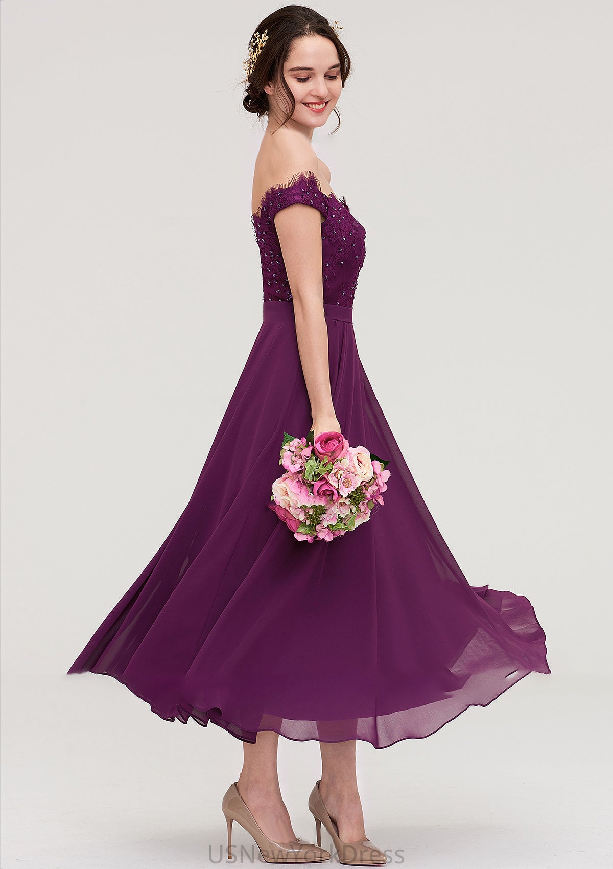 Off-the-Shoulder Sleeveless Tea-Length Chiffon A-line/Princess Bridesmaid Dresses With Lace Beading Caitlin DJP0025446