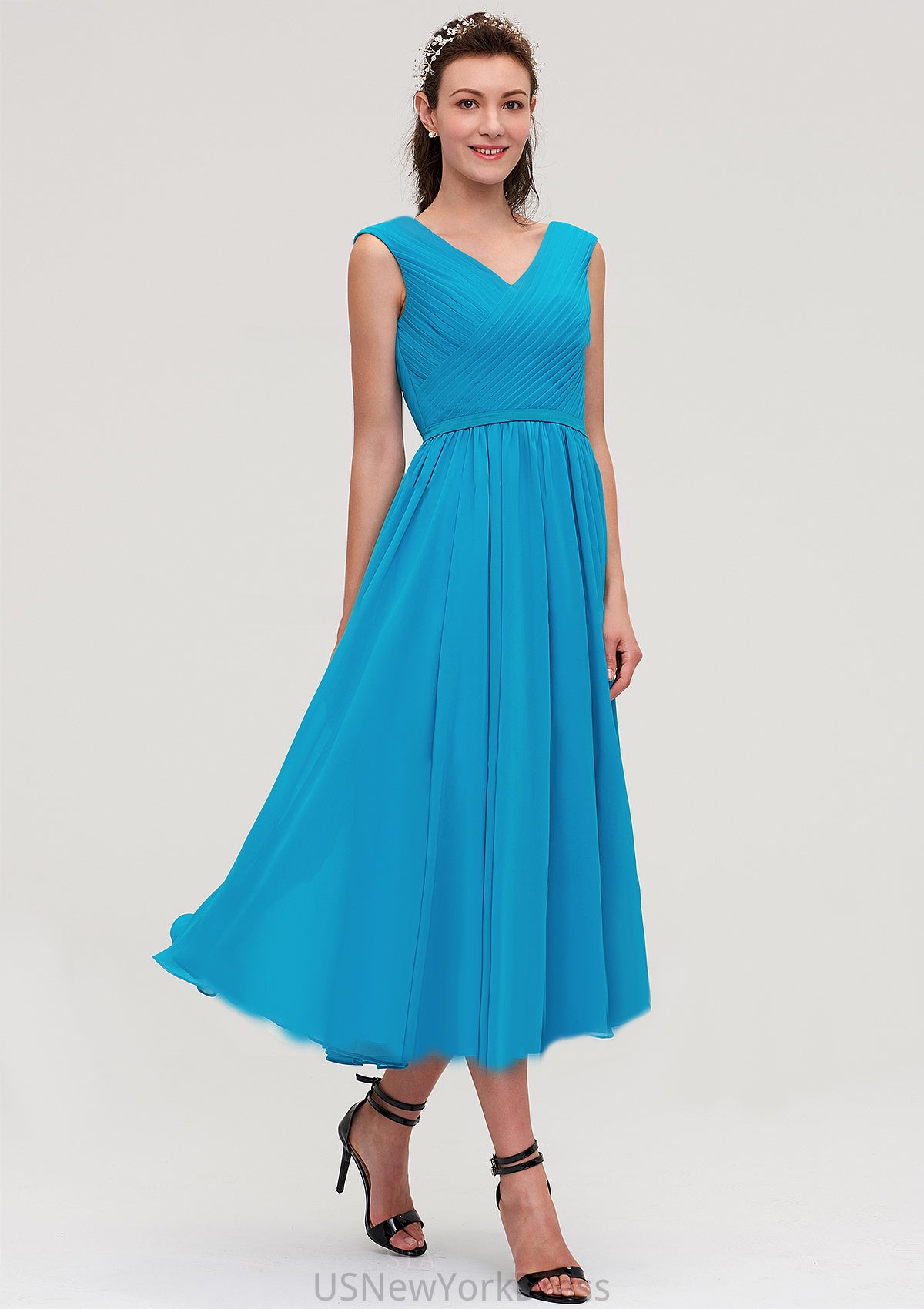 Sleeveless V Neck Tea-Length Chiffon A-line/Princess Bridesmaid Dresseses With Pleated Ginny DJP0025448