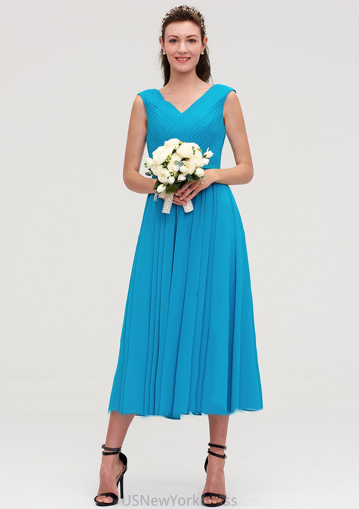 Sleeveless V Neck Tea-Length Chiffon A-line/Princess Bridesmaid Dresseses With Pleated Ginny DJP0025448