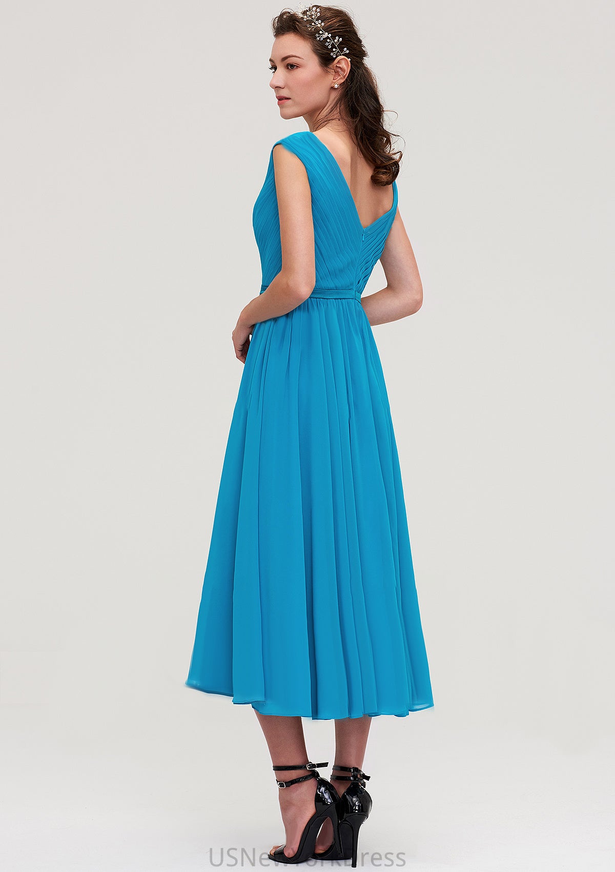 Sleeveless V Neck Tea-Length Chiffon A-line/Princess Bridesmaid Dresseses With Pleated Ginny DJP0025448