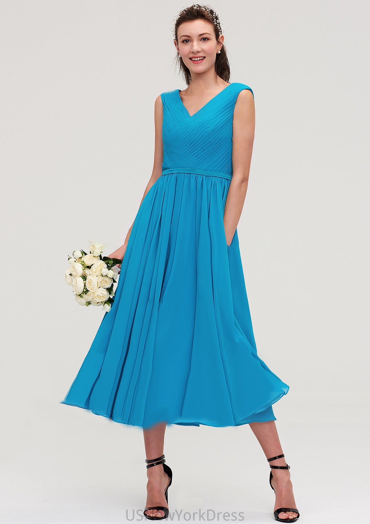 Sleeveless V Neck Tea-Length Chiffon A-line/Princess Bridesmaid Dresseses With Pleated Ginny DJP0025448