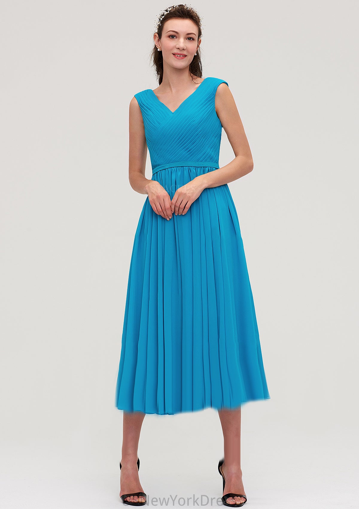 Sleeveless V Neck Tea-Length Chiffon A-line/Princess Bridesmaid Dresseses With Pleated Ginny DJP0025448