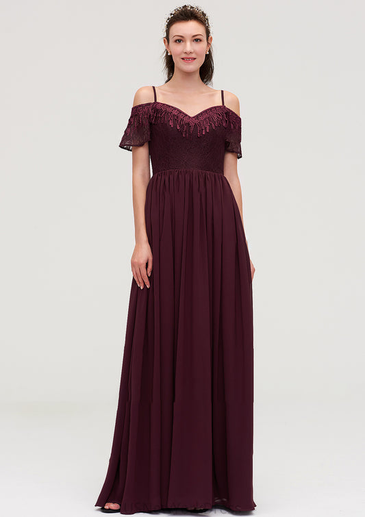 Off-the-Shoulder Sleeveless Chiffon A-line/Princess Long/Floor-Length Bridesmaid Dresseses With Lace Janiya DJP0025449