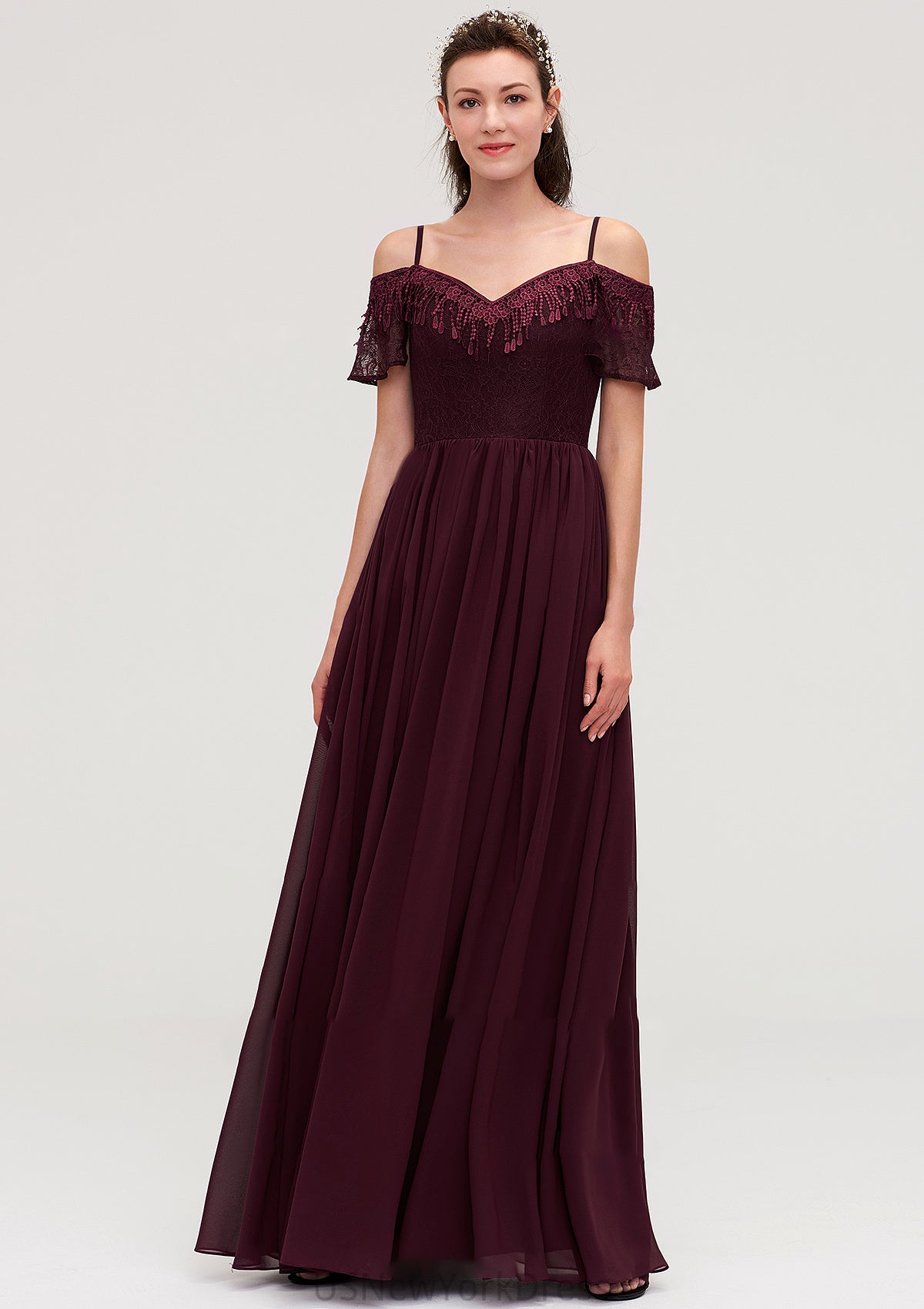 Off-the-Shoulder Sleeveless Chiffon A-line/Princess Long/Floor-Length Bridesmaid Dresseses With Lace Janiya DJP0025449