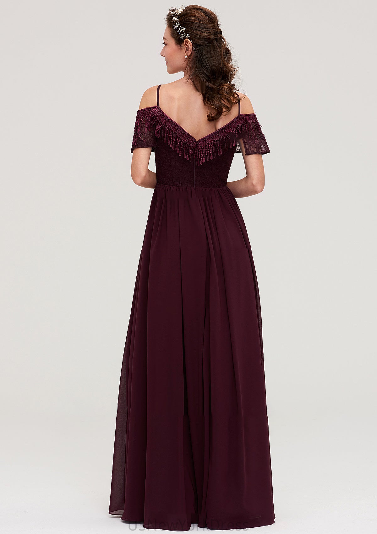 Off-the-Shoulder Sleeveless Chiffon A-line/Princess Long/Floor-Length Bridesmaid Dresseses With Lace Janiya DJP0025449