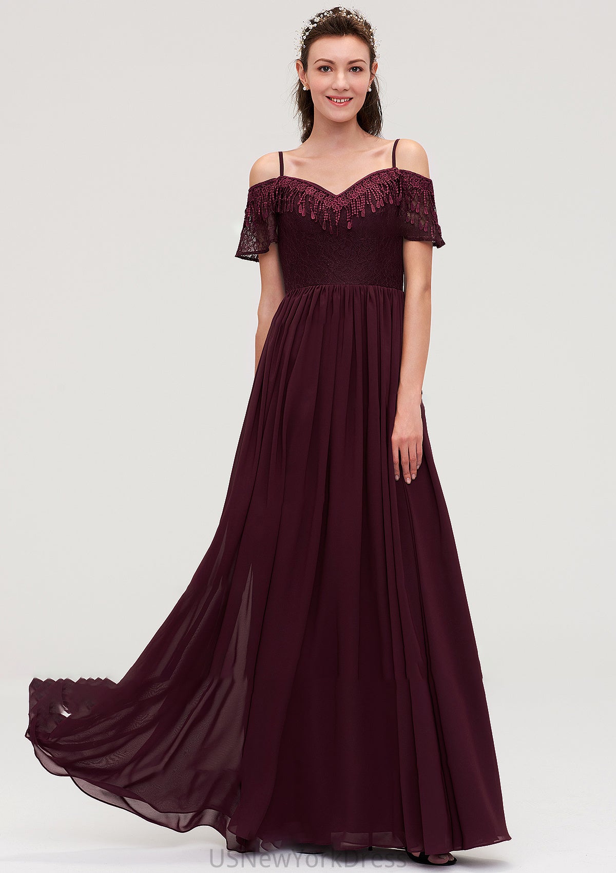 Off-the-Shoulder Sleeveless Chiffon A-line/Princess Long/Floor-Length Bridesmaid Dresseses With Lace Janiya DJP0025449