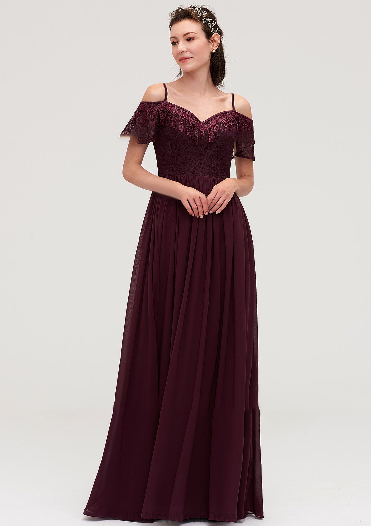 Off-the-Shoulder Sleeveless Chiffon A-line/Princess Long/Floor-Length Bridesmaid Dresseses With Lace Janiya DJP0025449