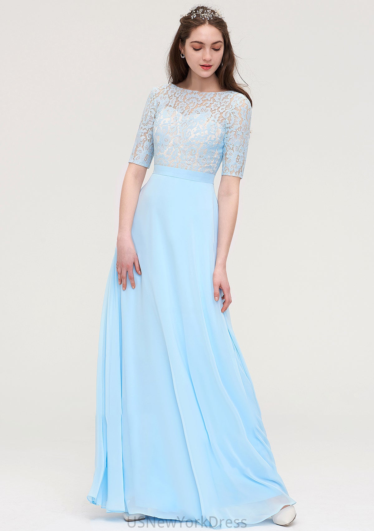 Half Sleeve Long/Floor-Length Bateau Chiffon A-line/Princess Bridesmaid Dresses With Lace Jo DJP0025450