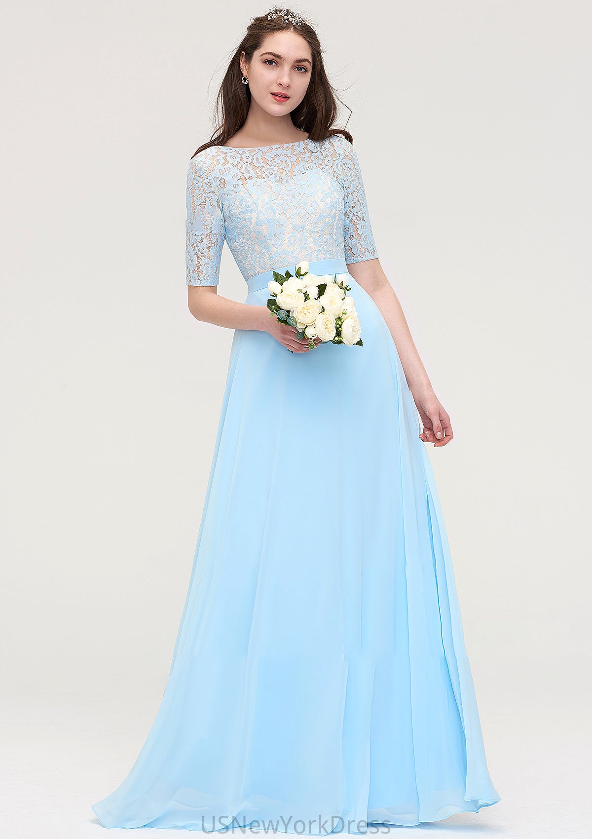 Half Sleeve Long/Floor-Length Bateau Chiffon A-line/Princess Bridesmaid Dresses With Lace Jo DJP0025450