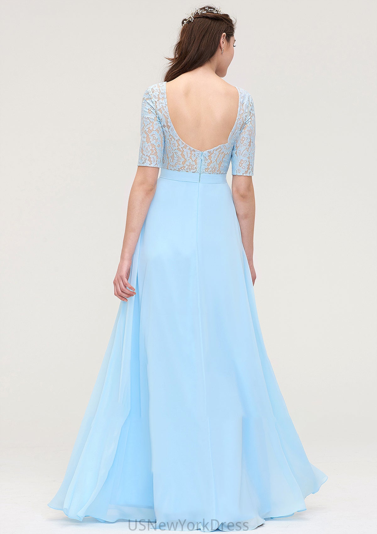 Half Sleeve Long/Floor-Length Bateau Chiffon A-line/Princess Bridesmaid Dresses With Lace Jo DJP0025450