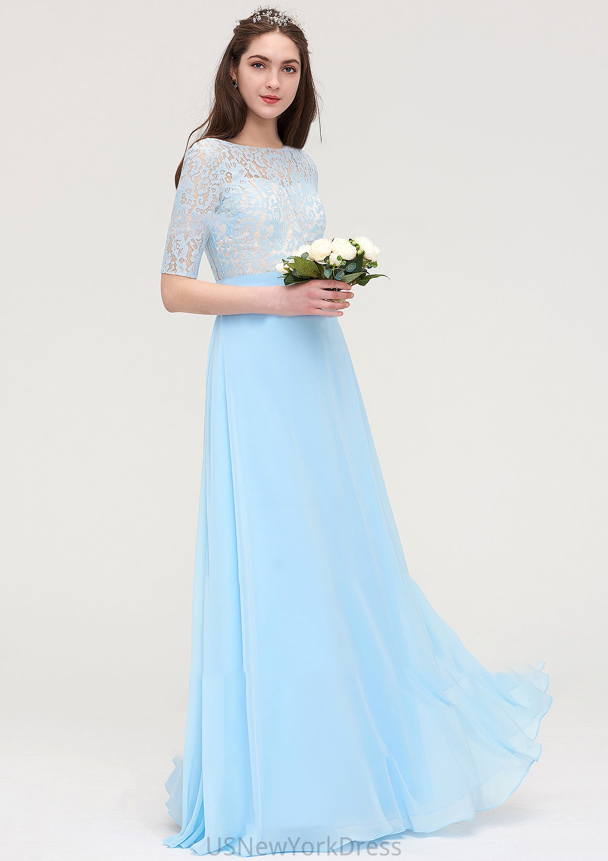 Half Sleeve Long/Floor-Length Bateau Chiffon A-line/Princess Bridesmaid Dresses With Lace Jo DJP0025450