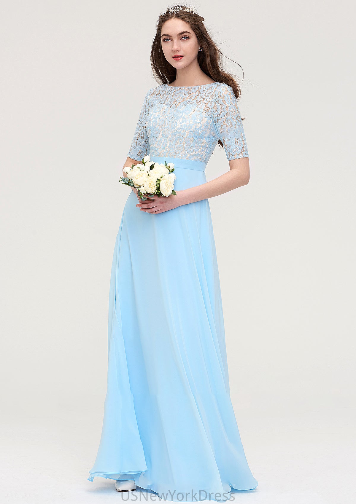 Half Sleeve Long/Floor-Length Bateau Chiffon A-line/Princess Bridesmaid Dresses With Lace Jo DJP0025450