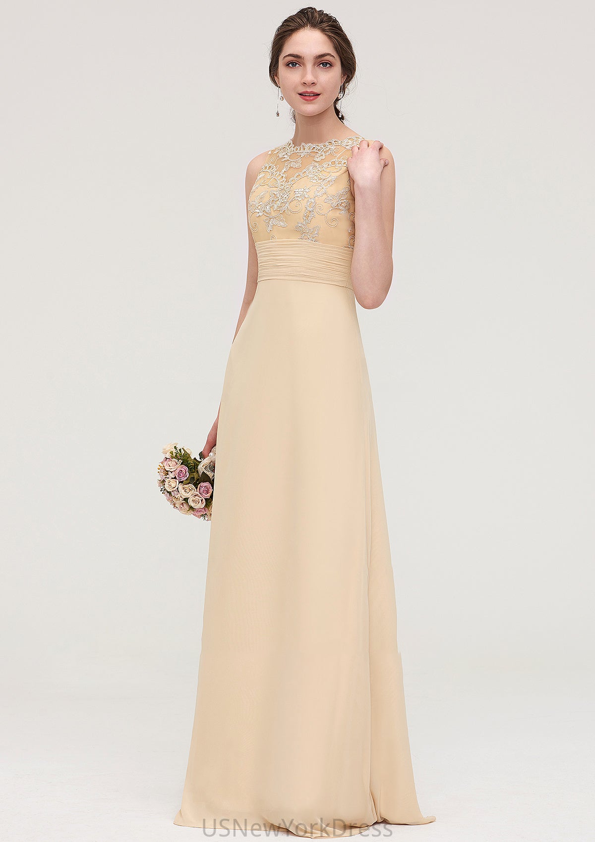 Sleeveless Halter Open Back Long/Floor-Length Sheath/Column Chiffon Bridesmaid Dresses With Pleated Lace Areli DJP0025451