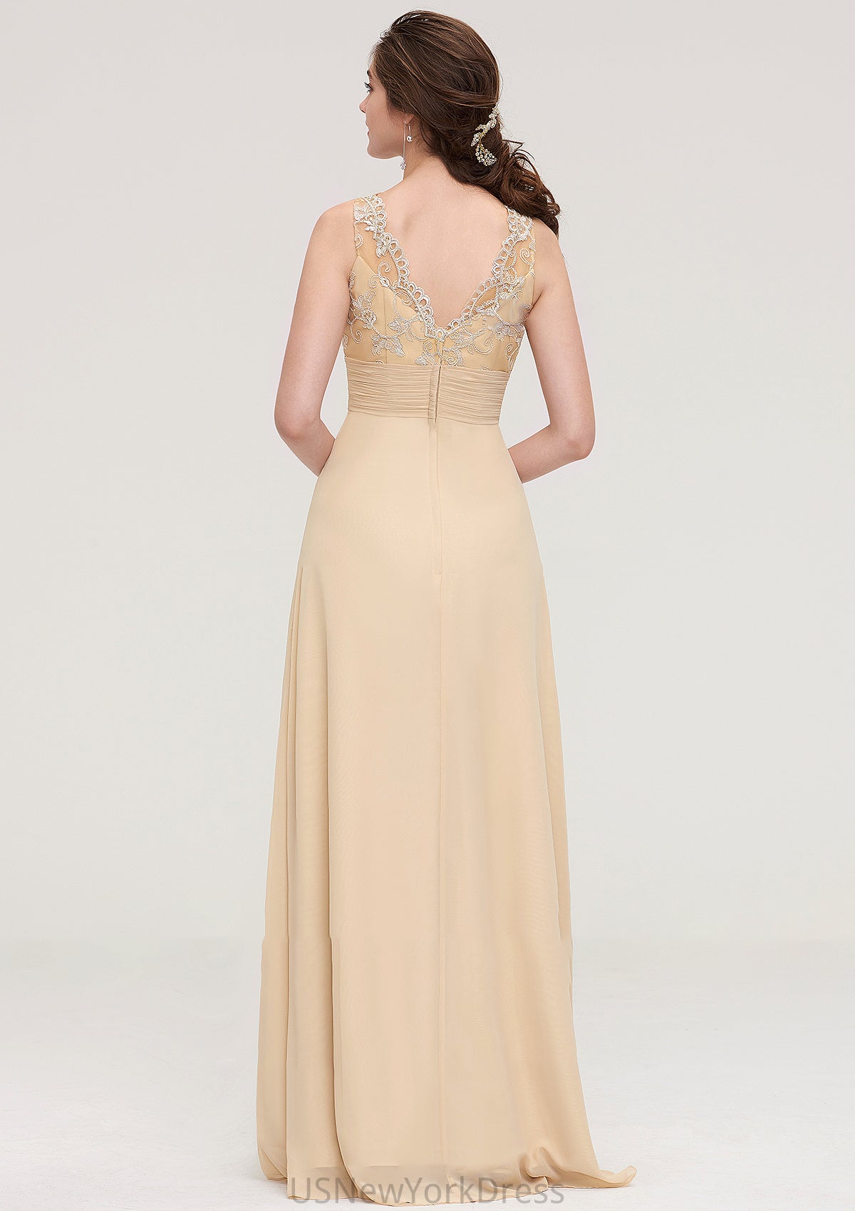 Sleeveless Halter Open Back Long/Floor-Length Sheath/Column Chiffon Bridesmaid Dresses With Pleated Lace Areli DJP0025451