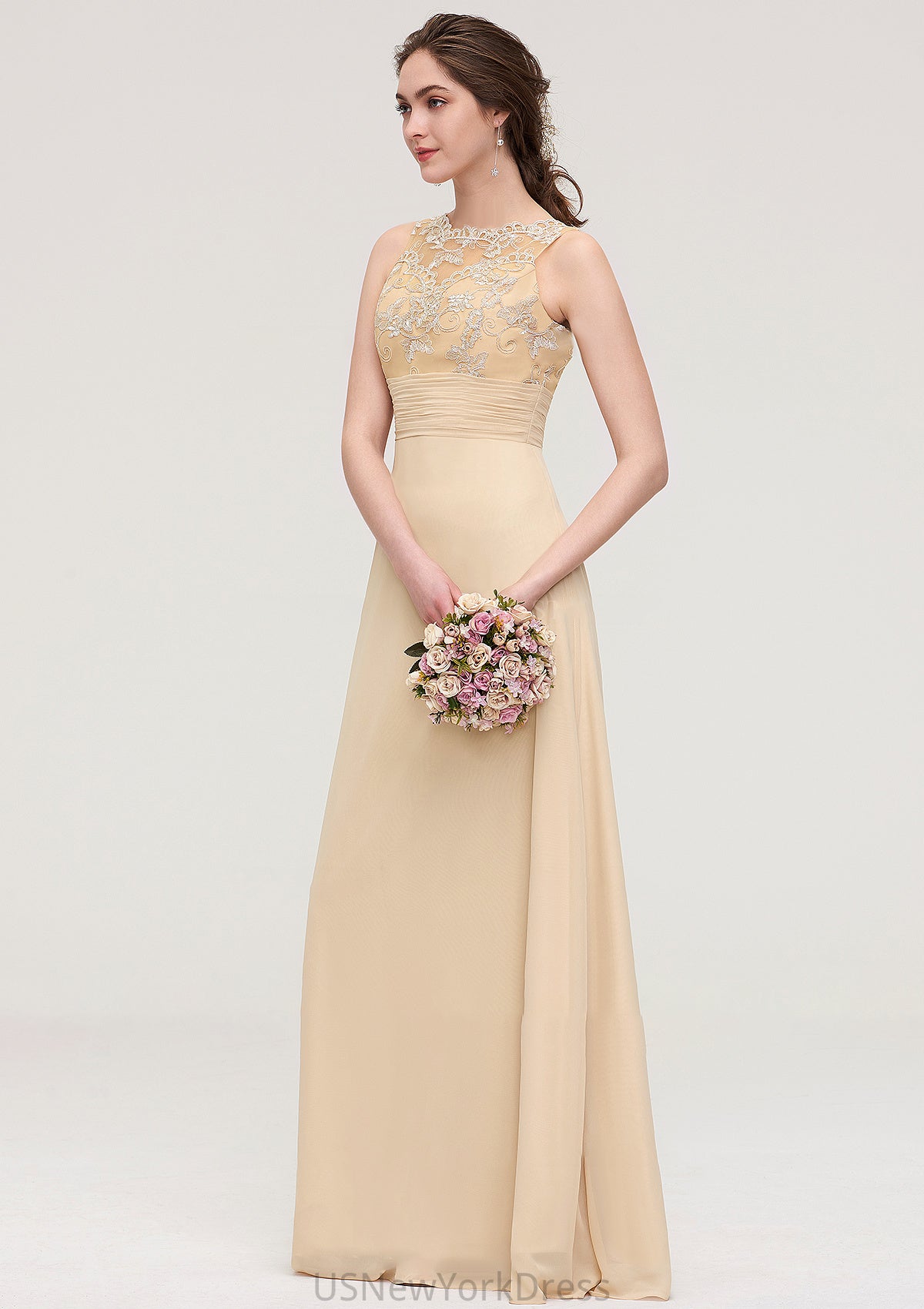 Sleeveless Halter Open Back Long/Floor-Length Sheath/Column Chiffon Bridesmaid Dresses With Pleated Lace Areli DJP0025451