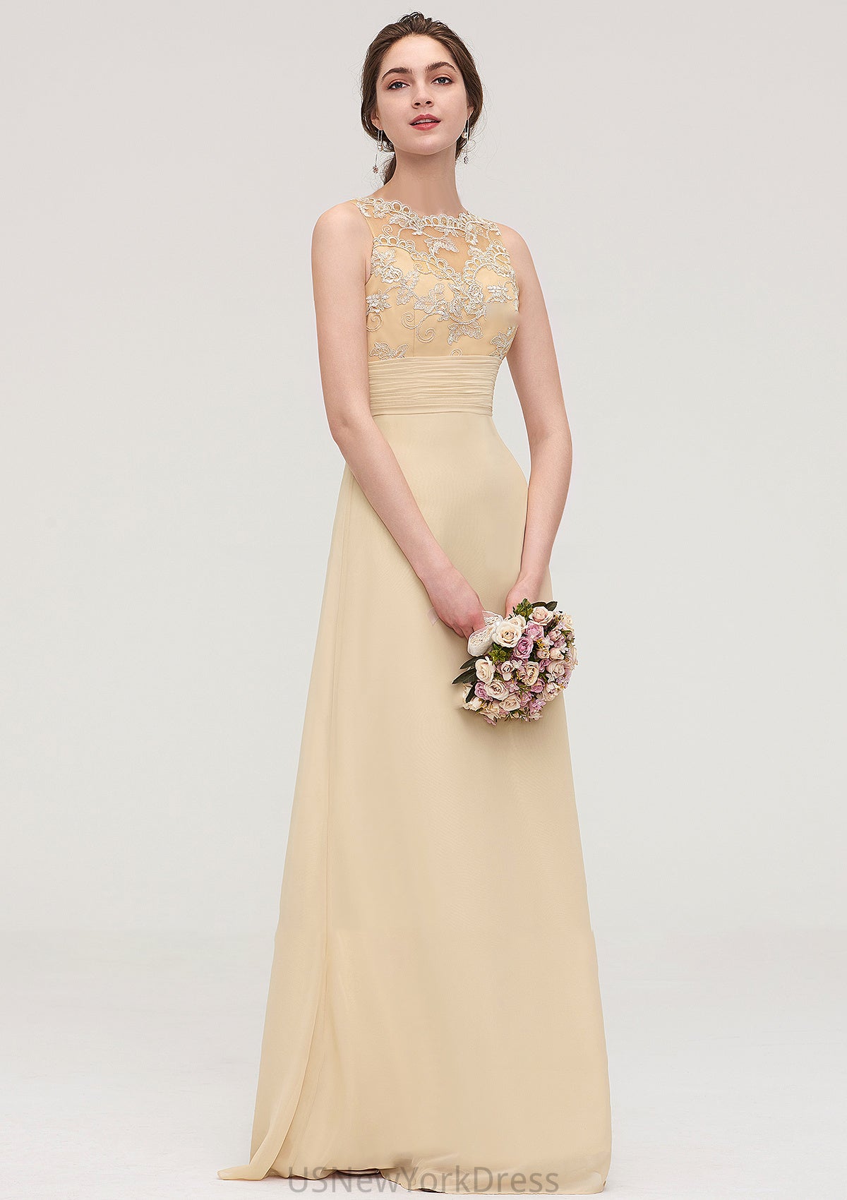 Sleeveless Halter Open Back Long/Floor-Length Sheath/Column Chiffon Bridesmaid Dresses With Pleated Lace Areli DJP0025451