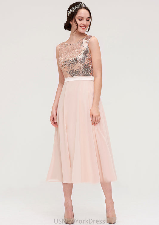 Sleeveless Bateau Chiffon A-line/Princess Bridesmaid Dresses With Sashes Sequins Zaria DJP0025454