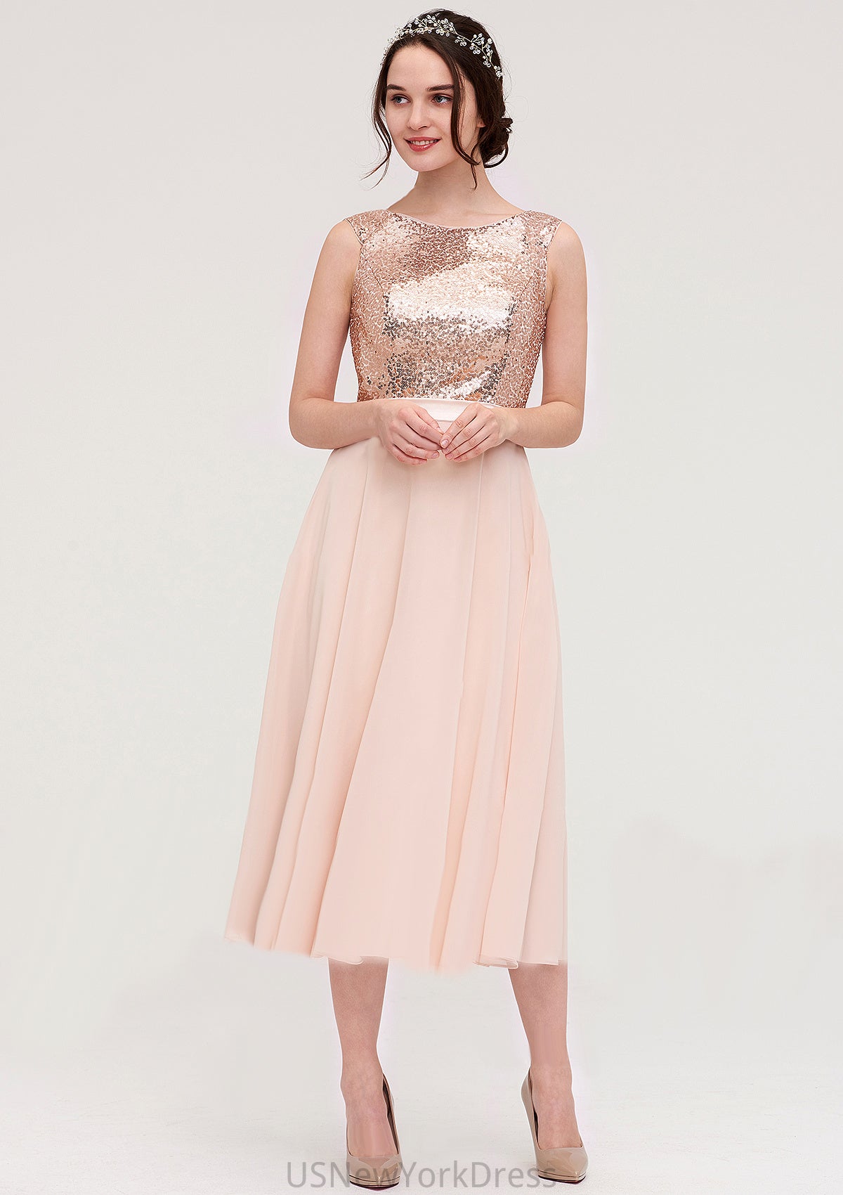 Sleeveless Bateau Chiffon A-line/Princess Bridesmaid Dresses With Sashes Sequins Zaria DJP0025454