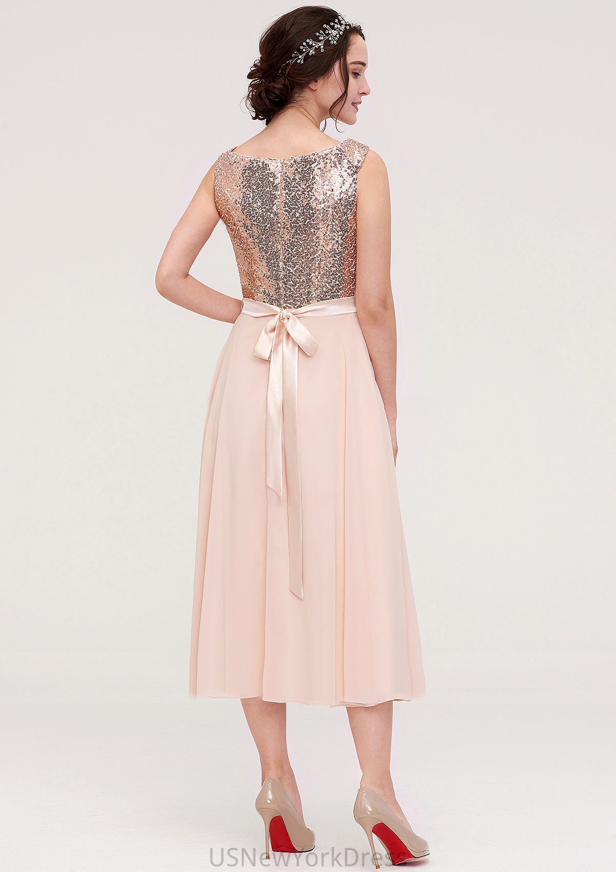 Sleeveless Bateau Chiffon A-line/Princess Bridesmaid Dresses With Sashes Sequins Zaria DJP0025454