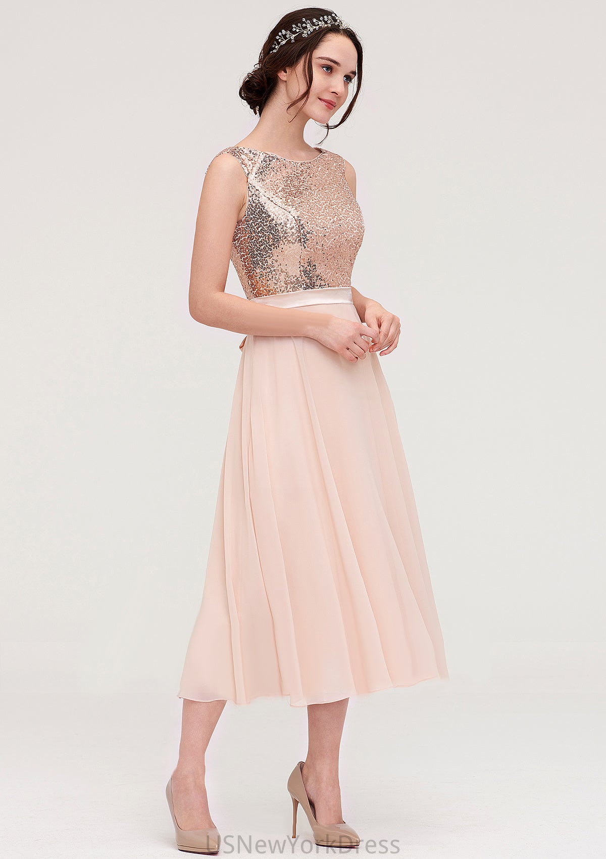 Sleeveless Bateau Chiffon A-line/Princess Bridesmaid Dresses With Sashes Sequins Zaria DJP0025454