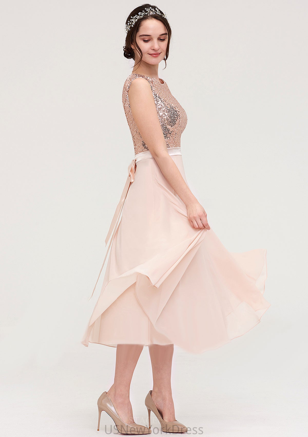 Sleeveless Bateau Chiffon A-line/Princess Bridesmaid Dresses With Sashes Sequins Zaria DJP0025454