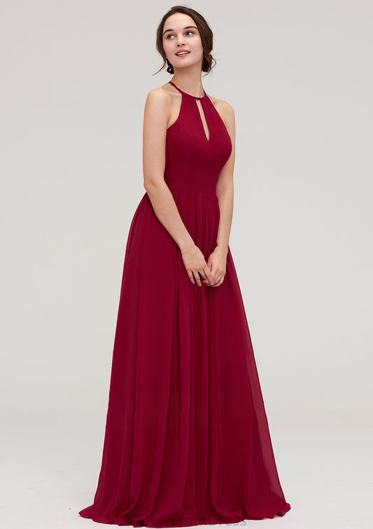 Scoop Neck Sleeveless A-line/Princess Long/Floor-Length Chiffon Bridesmaid Dresseses With Pleated Yaritza DJP0025456