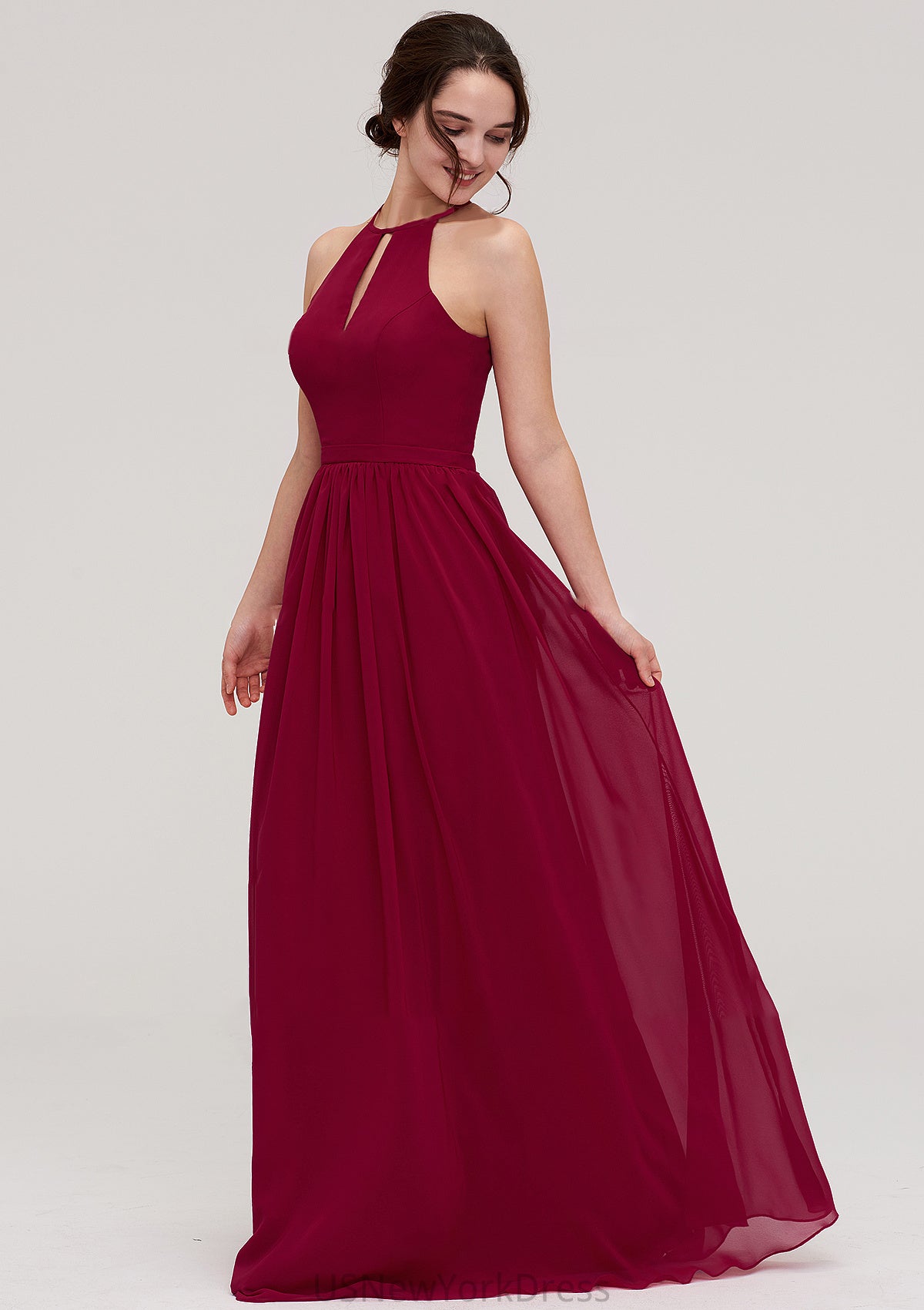 Scoop Neck Sleeveless A-line/Princess Long/Floor-Length Chiffon Bridesmaid Dresseses With Pleated Yaritza DJP0025456