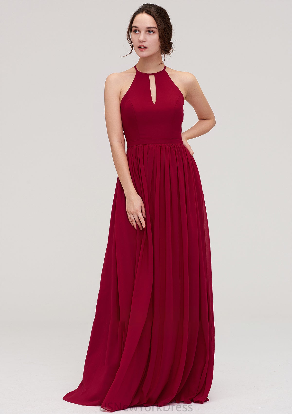 Scoop Neck Sleeveless A-line/Princess Long/Floor-Length Chiffon Bridesmaid Dresseses With Pleated Yaritza DJP0025456