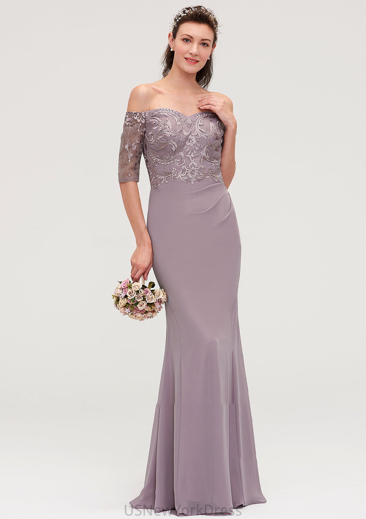 Off-the-Shoulder Half Sleeve Sheath/Column Long/Floor-Length Chiffon Bridesmaid Dresseses With Appliqued Aracely DJP0025458